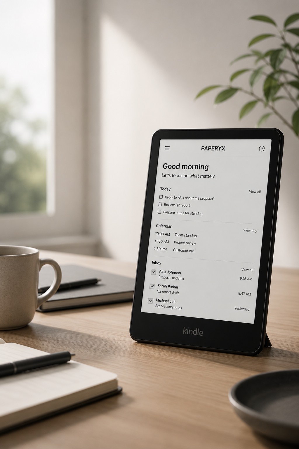 Kindle displaying the Paperyx home workspace on a desk.